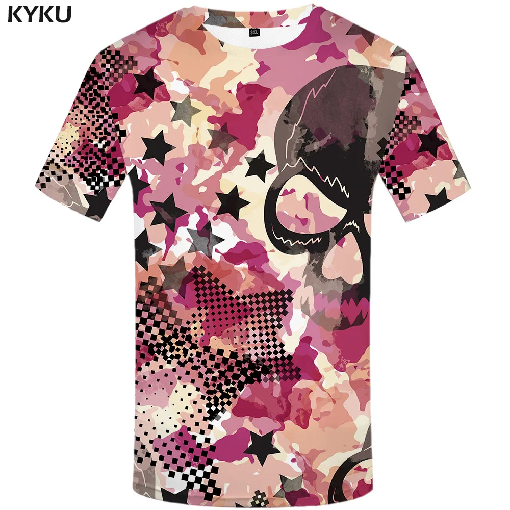 

KYKU Pink Camo T shirt Men Skull Shirt Print Camouflage Tshirts Casual Graffiti Anime Clothes Punk Rock Tshirt Printed