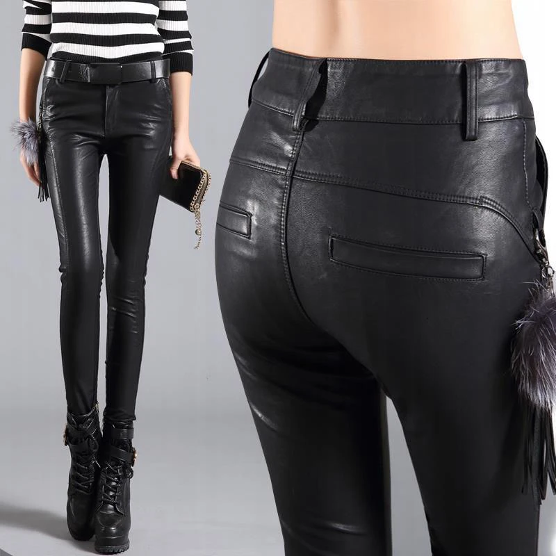 

2019 New Spring Autumn Women High Waist Plus Velvet Faux Leather Pencil Long Trouser Female Casual PU Leather Pants Leggings D82