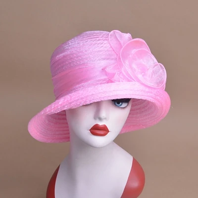 Pink Женская летняя шляпа от солнца, полиэфирная Цветочная широкополая шляпа, женская кепка, Кентукки шляпа котелок, складная широкополая шляпа для женщин - Цвет: Pink