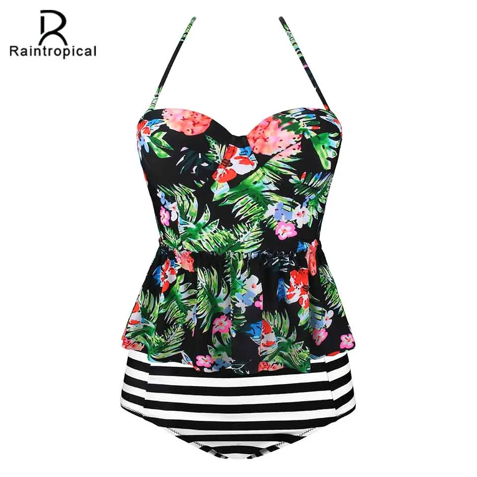 

Raintropical 2019 New Plus Size Swimwear Tankini Strappy Swimwear Sexy Women Swimsuit Patchwork Print Female Bathing Suits 5XL