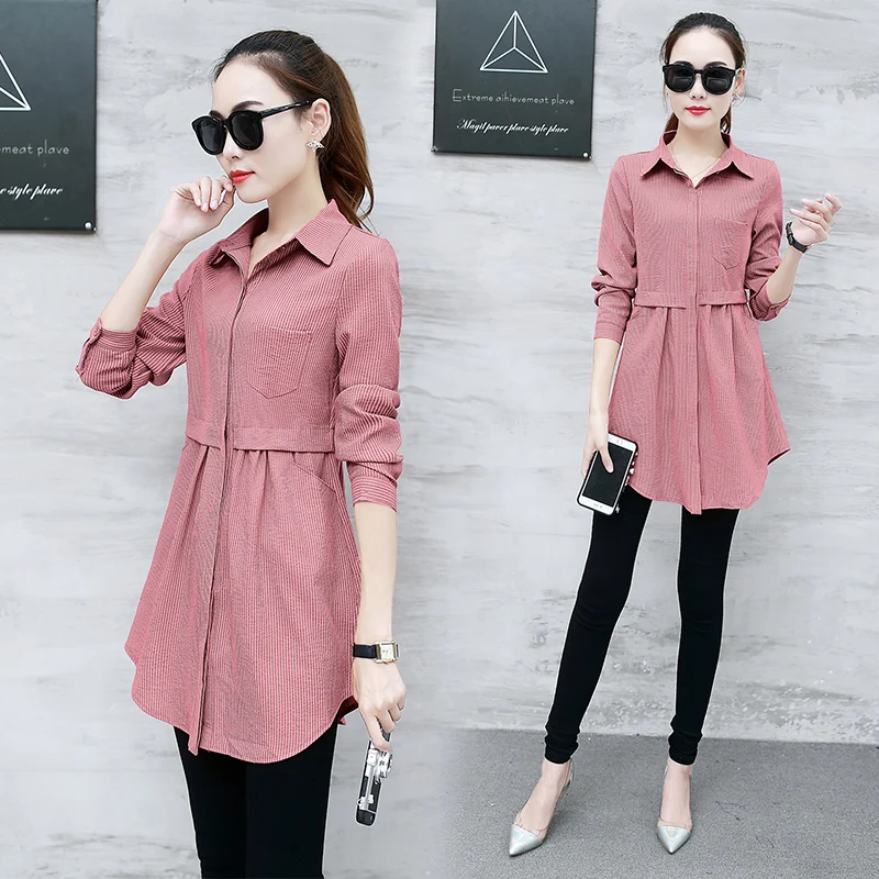 

Striped female long sleeves 2019 spring new women's Han Fan wild long section Slim thin base shirt