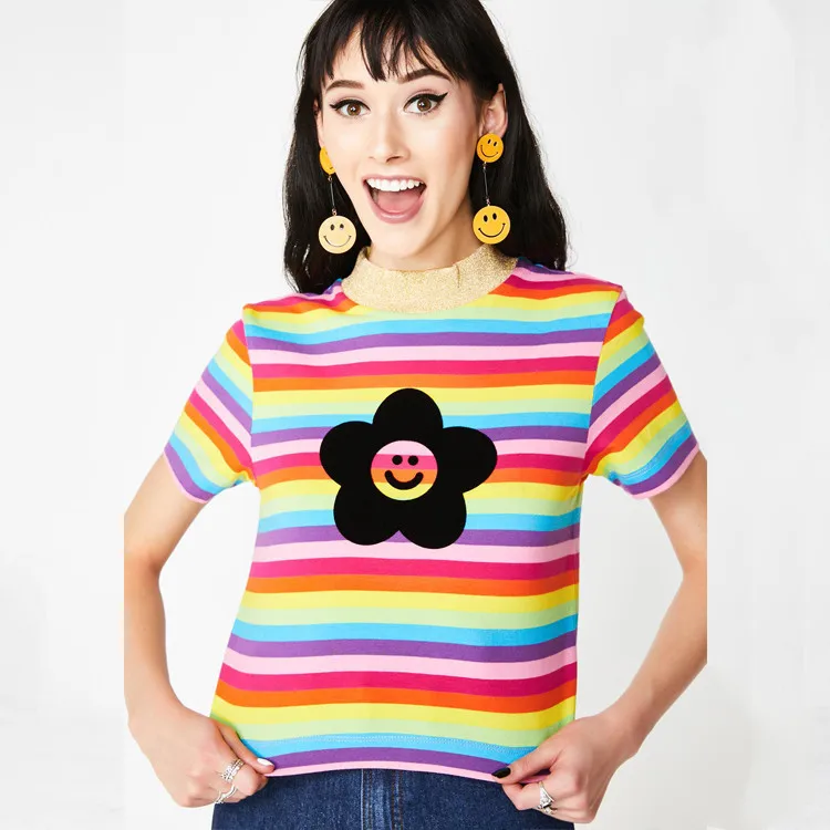 

2019 Summer Dress Sweet Women From Europe and America Sunprint Rainbow Stripe Short Collar Short Sleeve T-shirt Women