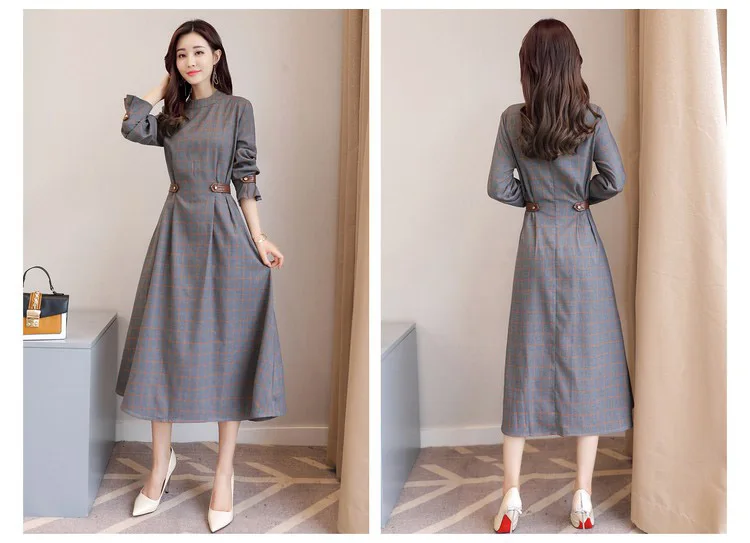 New Brand Spring Autumn Long Sleeve Plaid Dress Women Elegant Empire Pleated Dresses Elegant Office Work Vintage Long Dress