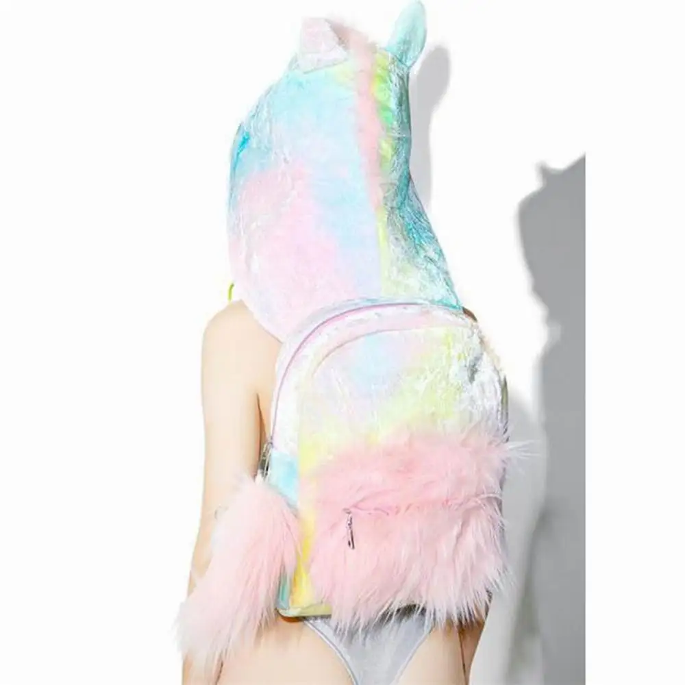 

Removable hat cool street style Unicorn Backpack Cute Plush Kawaii Unicorn furry hoodie school bag