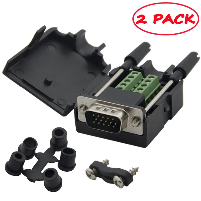 (2 Pack) 3+6 VGA male Connector with back side screw connectors to