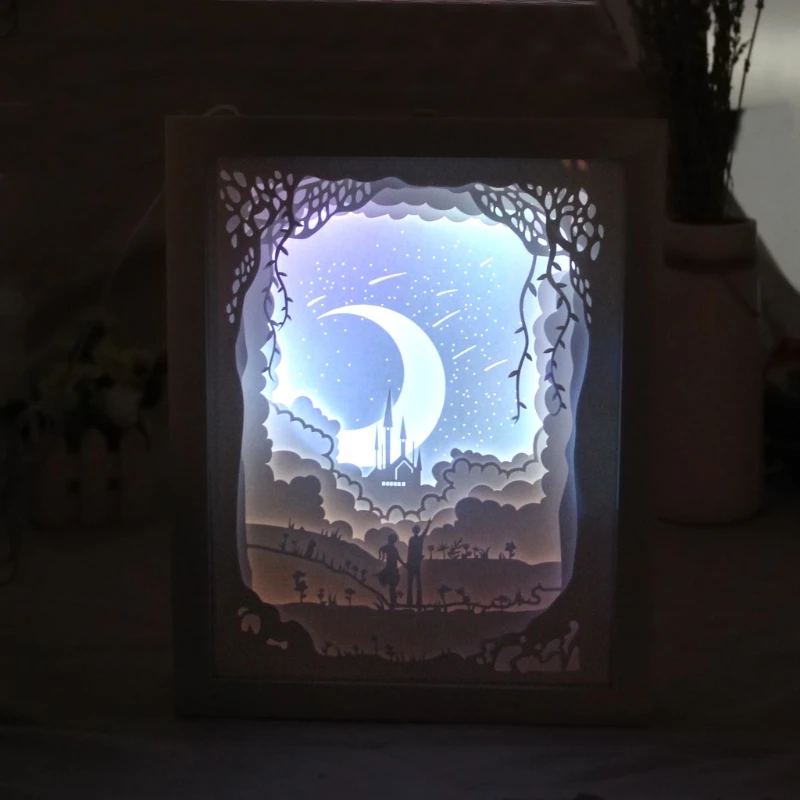 

Papercut Light Box LED USB Night Light Lamp Creative Paintings Moon Lovers