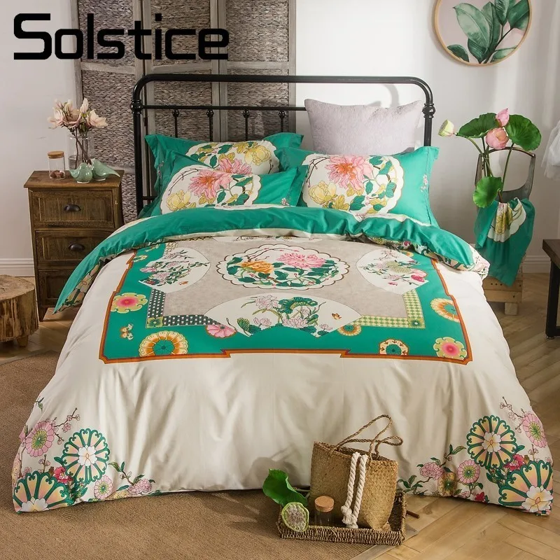 

Solstice Home Textile 100%Cotton Noble Luxury Bedding Sets 4Pcs Adult Wedding Flower Green Bedlinen Sheet Duvet Cover Pillowcase