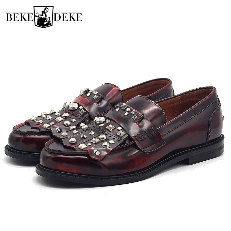 

2019 Mocassin Homme Rivets Tassel Genuine Cow Leather Shoes Men Handmade British Round Toe Business Casual Shoes Party Footwear