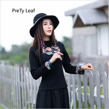 Осень и зима национальный стиль Арт Ретро футболка женский вышивка Высокий воротник женский футболка