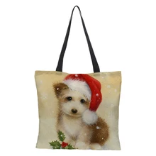 Индивидуальная женская сумка на плечо высокого качества Льняная сумка складная повторная двусторонняя печать шоппинг Повседневная кошка Рождественский узор