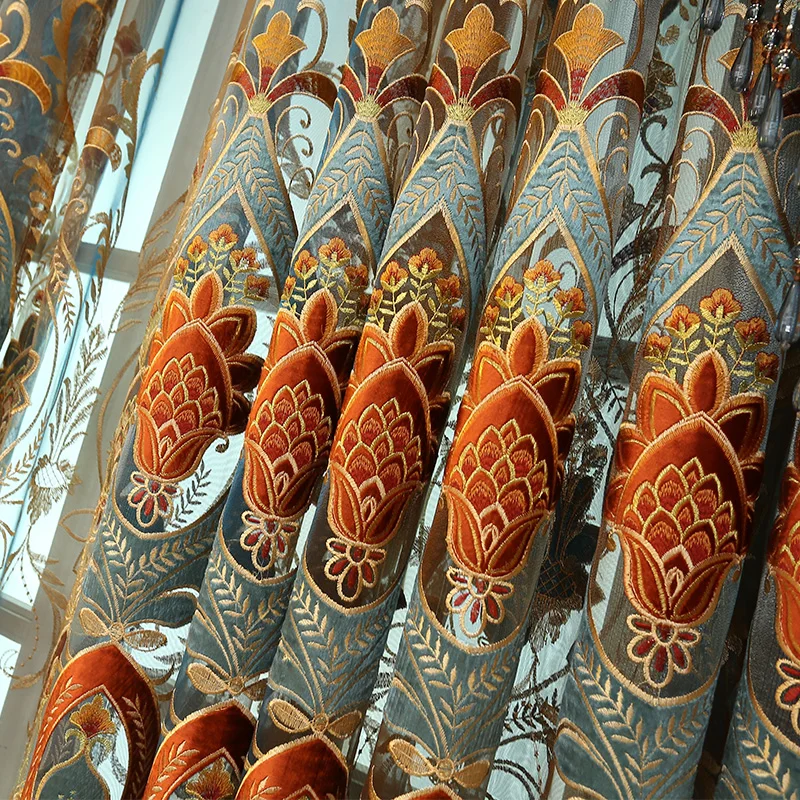 Коричневые синие королевские роскошные шторы с вышивкой для гостиной