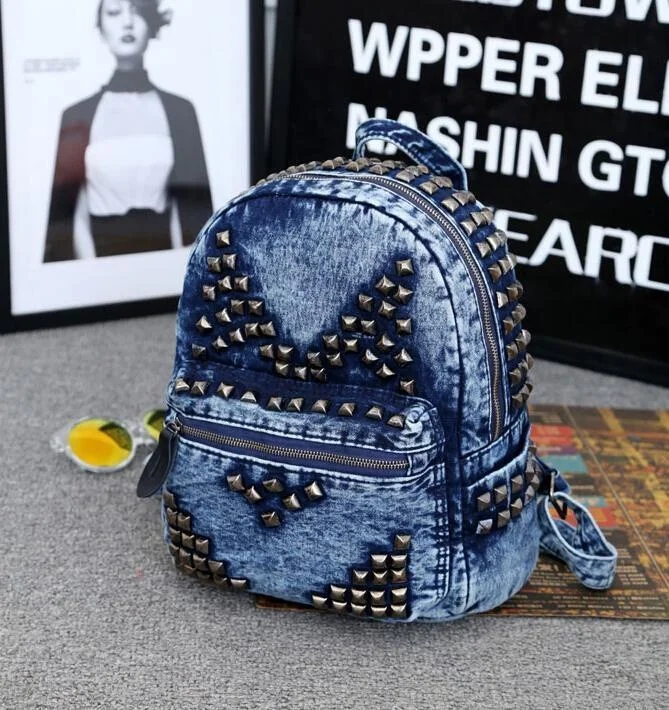 Fashion font b Women s b font Stud Canvas font b Backpack b font Rivets Bookbags