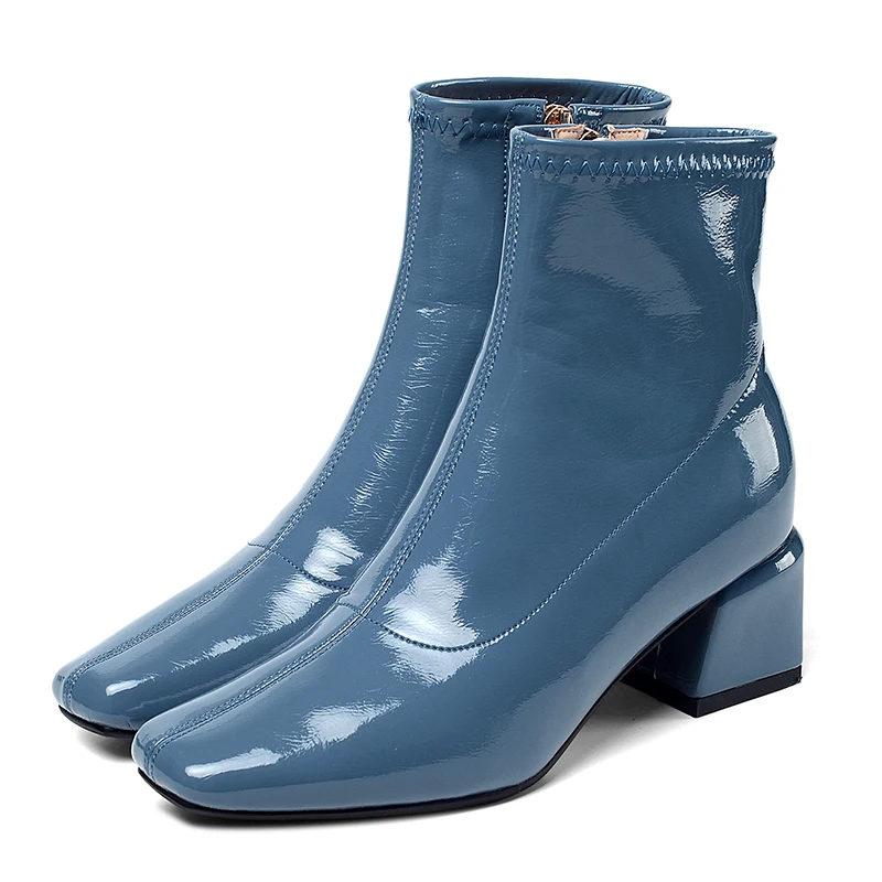 Kcenid/осенне-зимние ботинки; женские ботильоны с квадратным носком на высоком каблуке; женские ботинки из лакированной кожи; женская обувь на молнии; Цвет Синий