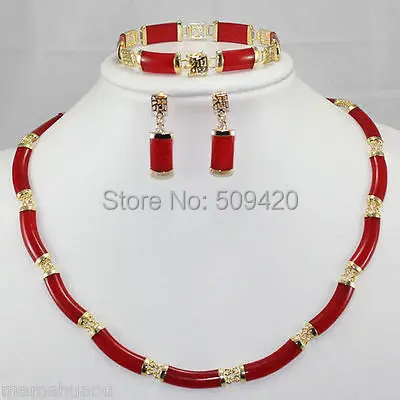 

Free Shipping Wholesale>>>JJ6539 gNoblest! Red Jade Link Necklace Bracelet earring Set
