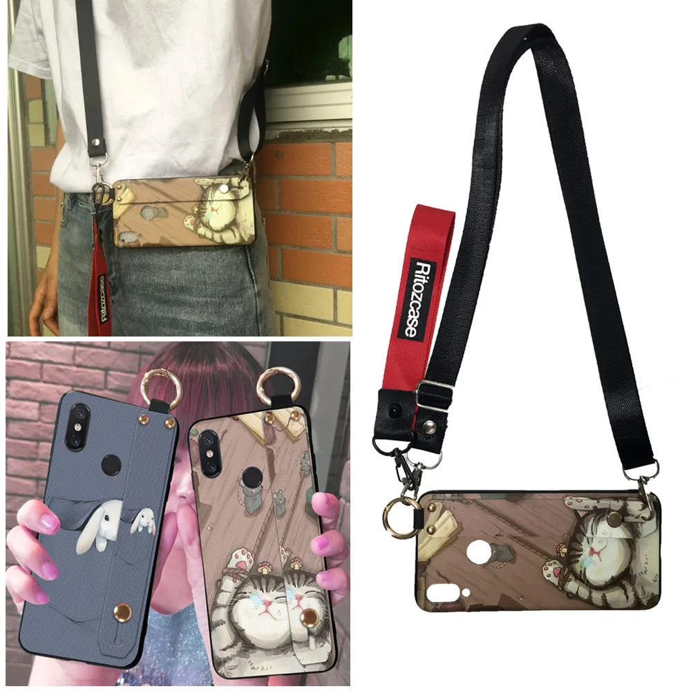 

3D rabbit cat shoulder strap tpu case for xiaomi redmi note 5 7 6 pro mi 8 A1 A2 9 case cover fashion wristband holder phone bag