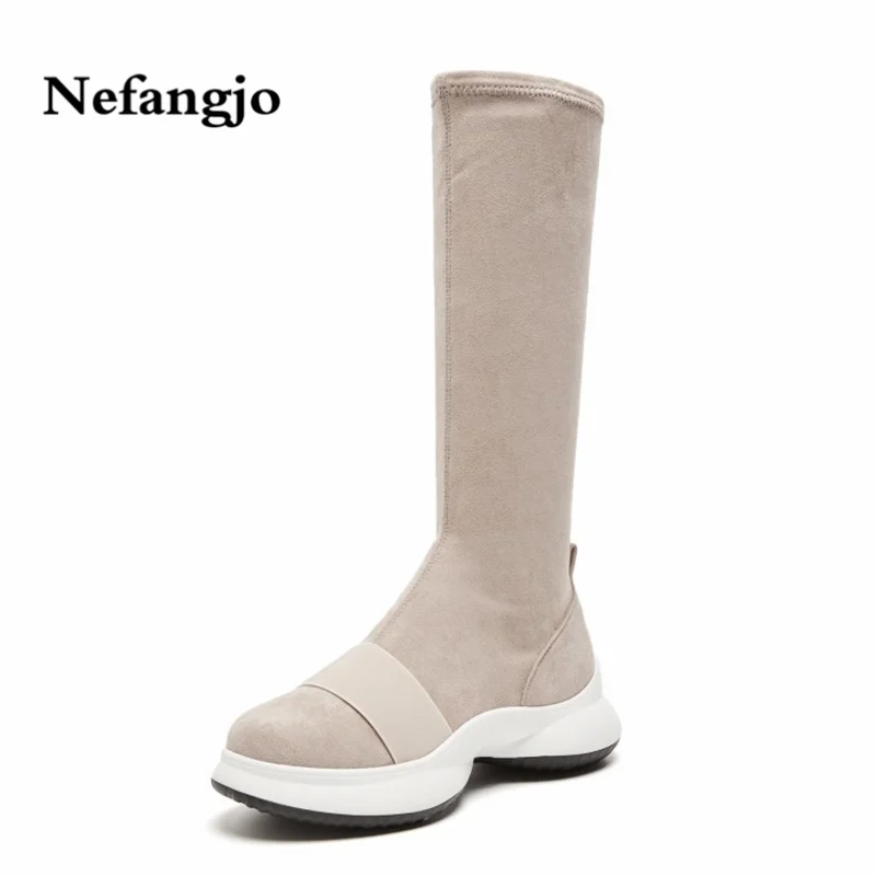 

Nefangjo 2018 Autumn Winter New Suede Wedges Thick Bottom Martin Boot Round Toe Appears Thin Women High Boots Casual Women Shoes