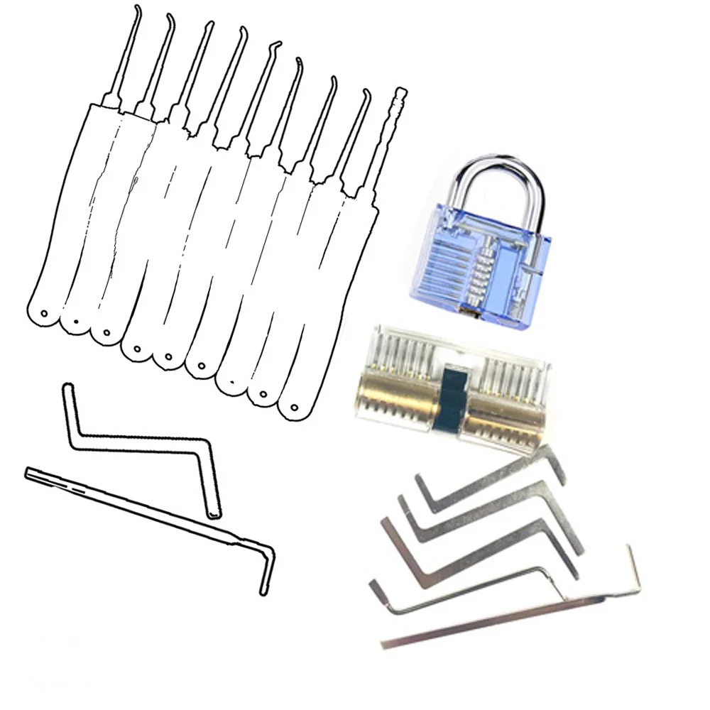 

Free Shipping Locksmith Tools Set 2pcs Transparent Lock with 10pcs Broken Key Remove Hard Pick Tool ,5pcs Tension Tool