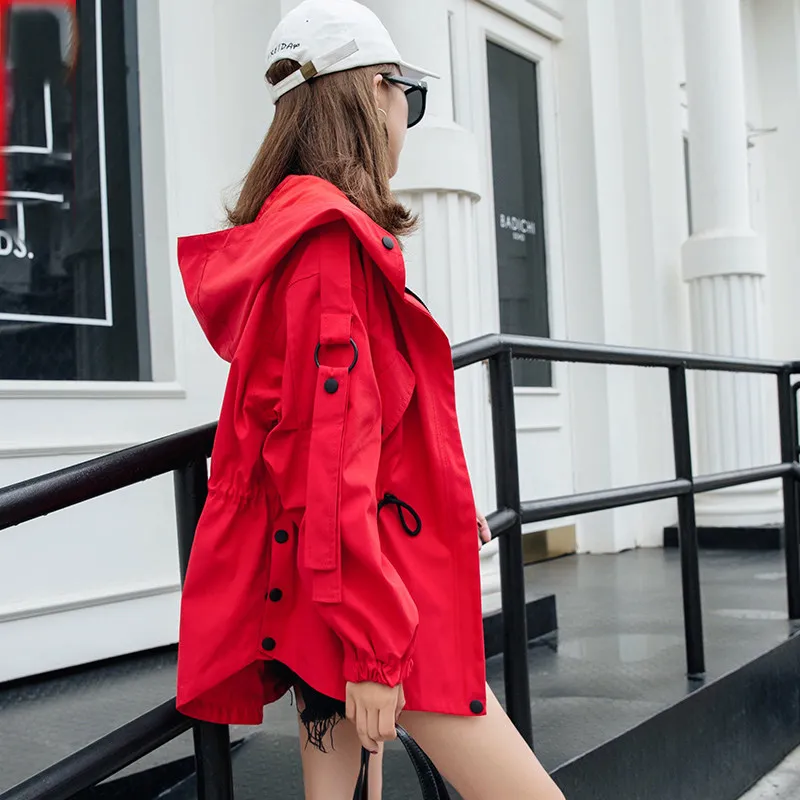 

2019 Fashion Spring Autumn Hooded Solid Red Windbreaker Jacket Zipper Pockets Casual Long Sleeves Women Coats Outwear V534