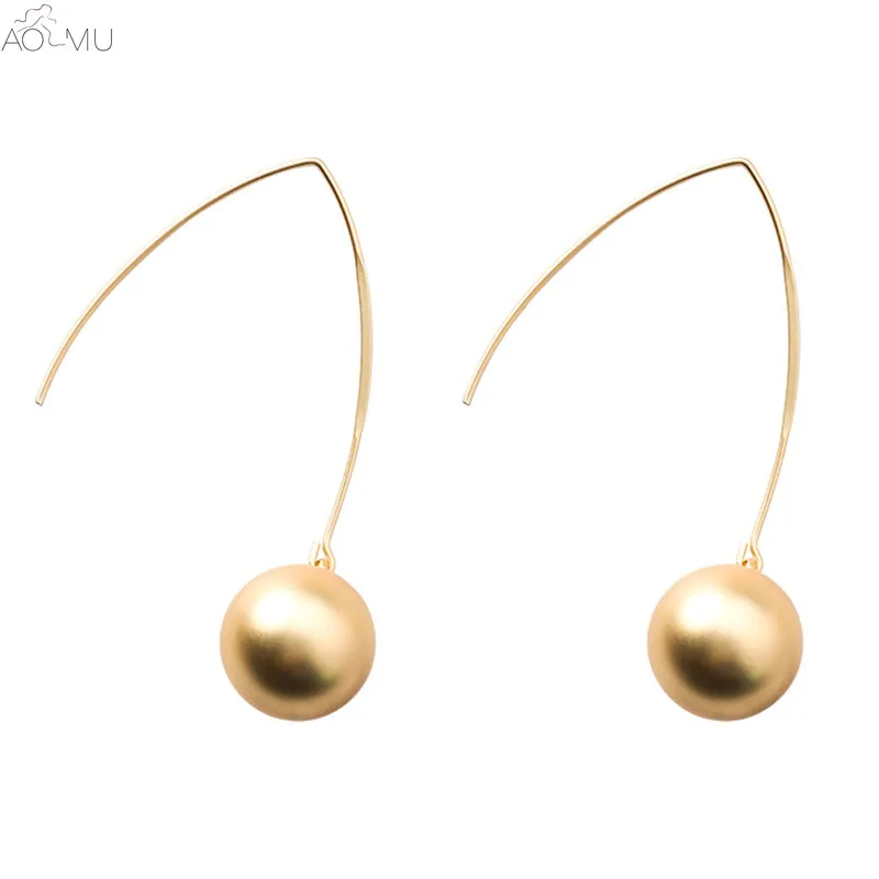 

AOMU Korea Fashion Matte Gold Silver Metal Geometric Ball Long Hook Dangle Earrings for Women Girl Jewelry