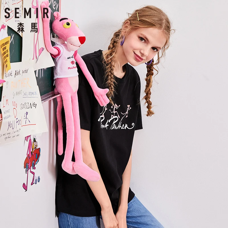 

SEMIR Women 100% Cotton Oversized Short-Sleeved Ribbed Crewneck Printed T-shirt with Slits at Side Longer at Back Streetwear