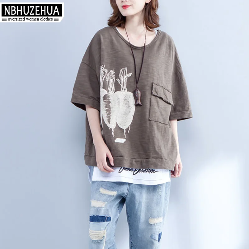 

NBHUZEHUA A281 Summer Cotton Patchwork Oversized T Shirt Women Basic T-Shirt Casual O-Neck Tee Shirt Plus Size 4XL 5XL