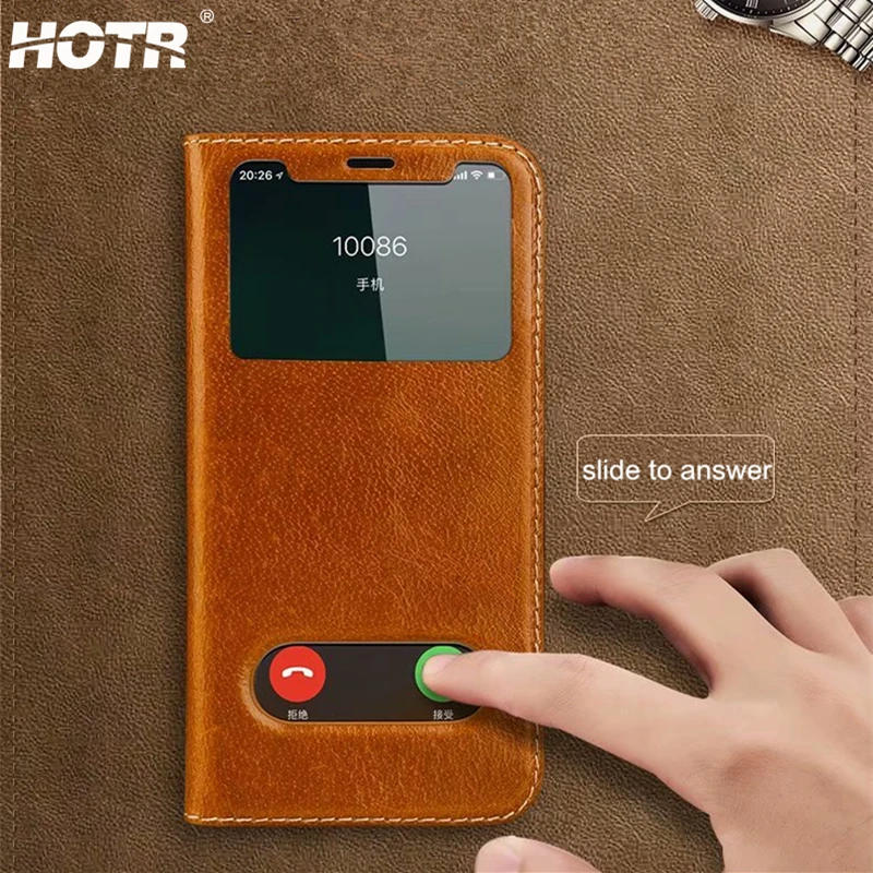 Baratos Cuero genuino de ventana para iphone X XS X XR XS Max de cuero Real gratis respuesta cubierta para iphone 6 6s 7 8 plus completa proteger la piel