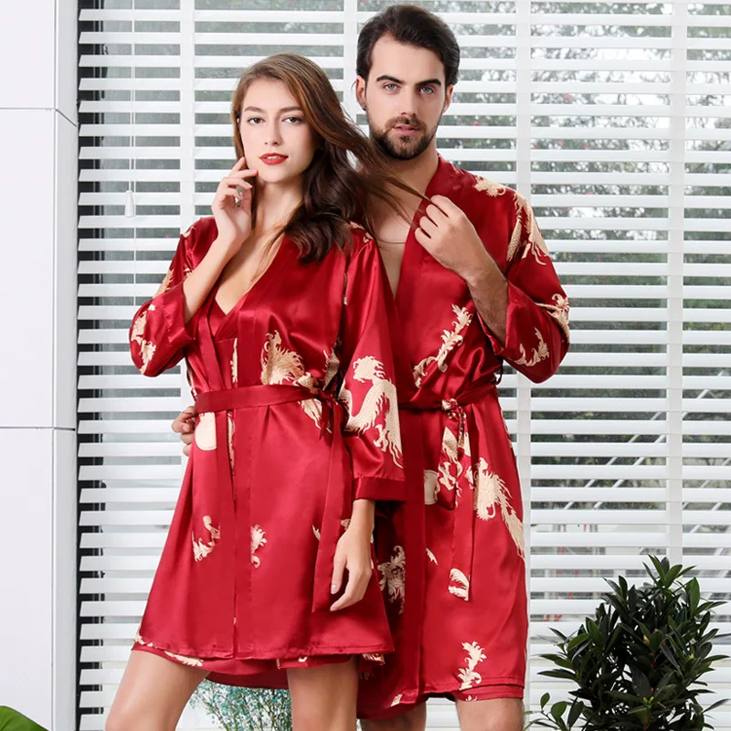 Couple Silk Satin Dragon Print Home Robe Set Chinese Style Ladies