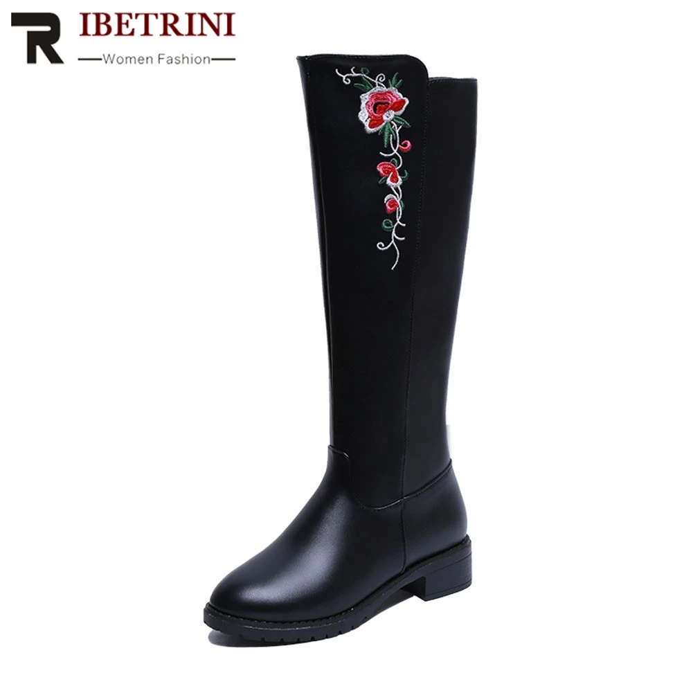 

RIBETRINI Comfortable Med Heels Embroider Zip Mid Calf women's Winter Boots 2019 Shoes Woman 2 Colors