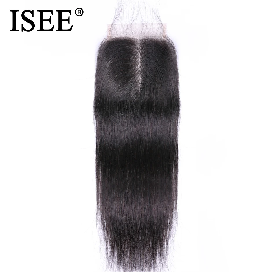 ISEE волос Бразильский прямые волосы синтетическое закрытие волос Remy натуральные волосы 4 "* 4" Средняя часть бесплатная доставка средне
