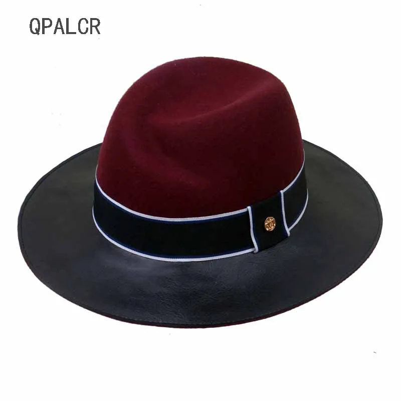 

QPALCR Trend Cap Patchwork Wool Felt Jazz Fedora Hat Casual Men Women Leather Band Wide Brim Felt Hat Panama Trilby Caps