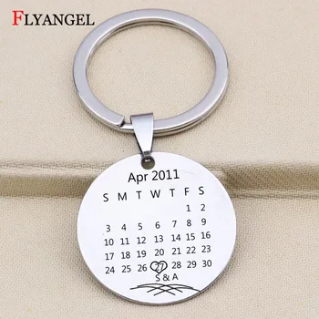 

Custom Initials Name Key Chain Personalized Calendar Keychain Calendar Date Highlighted with Heart Couples Friends Gifts Jewelry