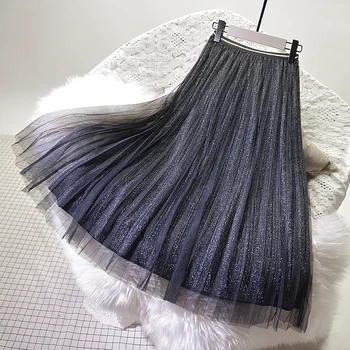 

Bohemian style spring new mesh women skirts high waist all match solid A-line loose elegant skirts top quality
