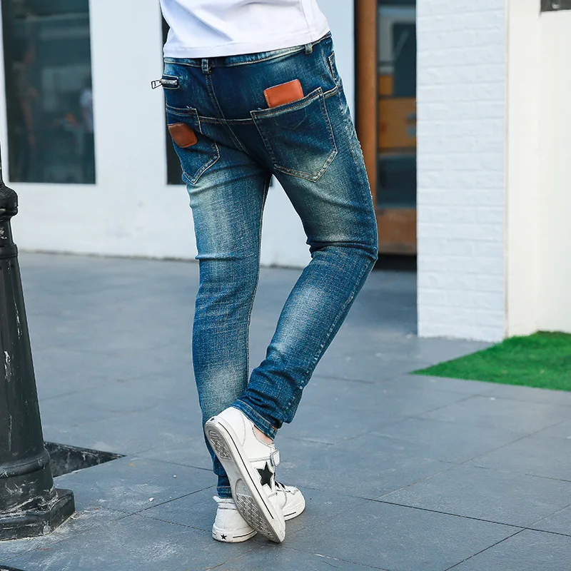 1 Children Clothing Baby Boys Jeans Ripped Kids Boy Denim Pants Scratch Teens Trousers Zipper Leather Patch Casual Elastic Waist