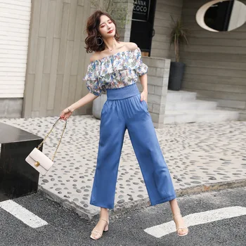 

Two-piece 2019 summer new two wear sexy strapless collar chiffon shirt + high waist wide leg pants suit women's clothing
