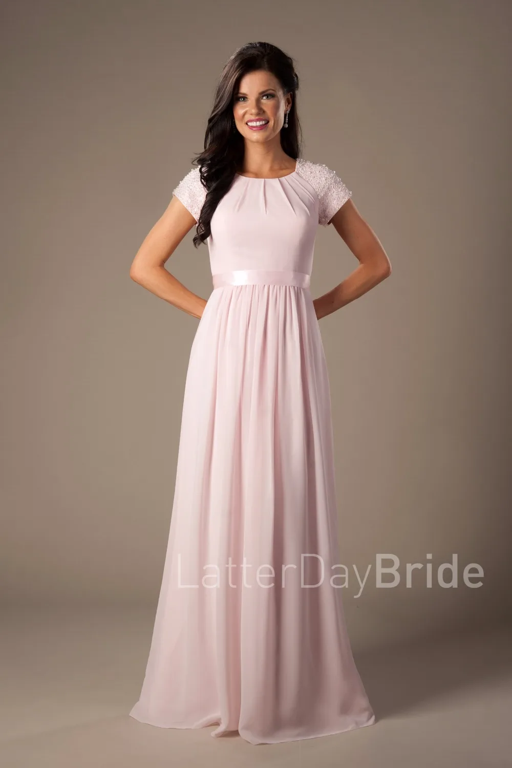 Beaded Pink Long Chiffon Modest ...