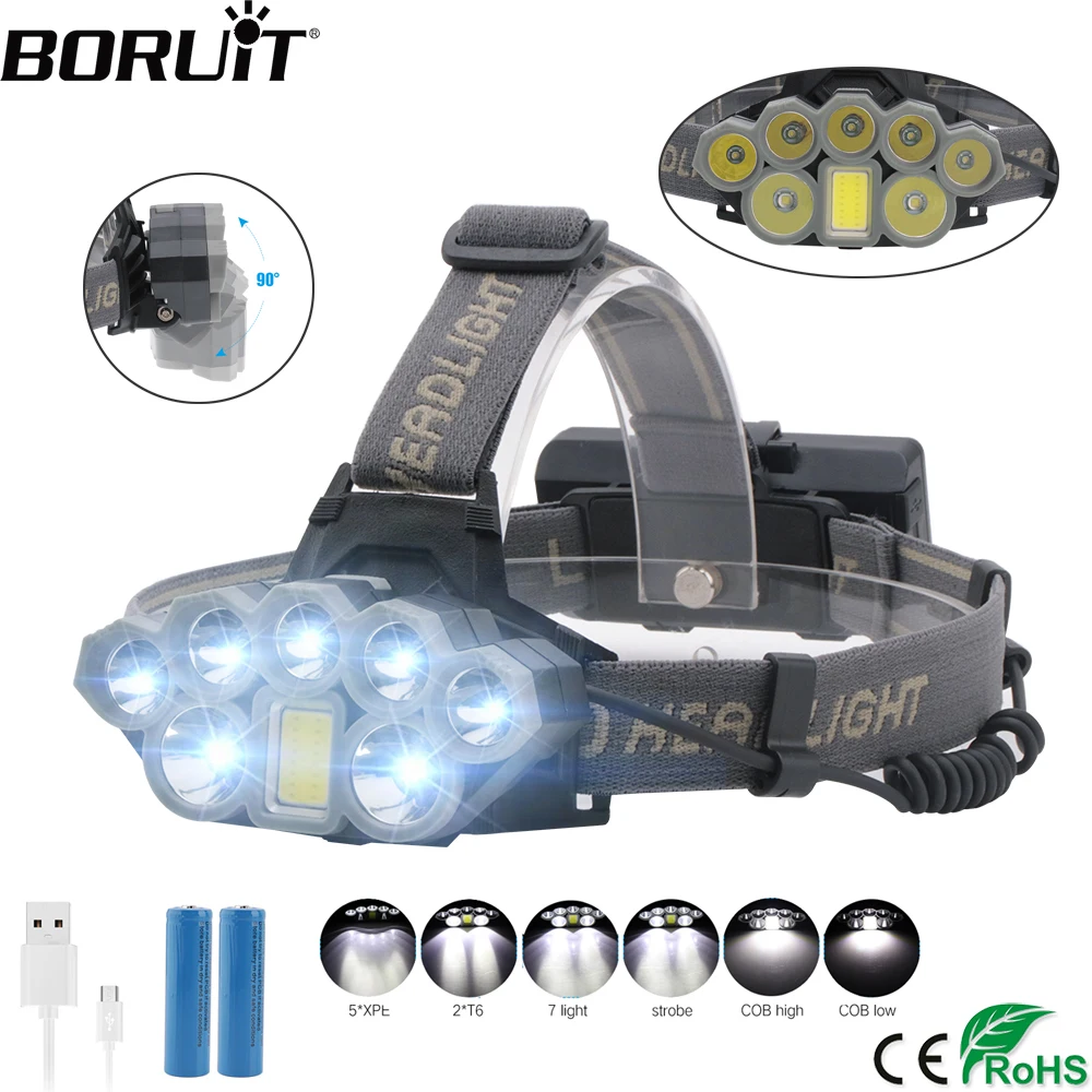 buy BORUiT T6 XPE COB LED Headlight USB Charger Headlamp 6 Modes Use 18659 Battery Flashlight Camping Fishing Waterproof Head Torch