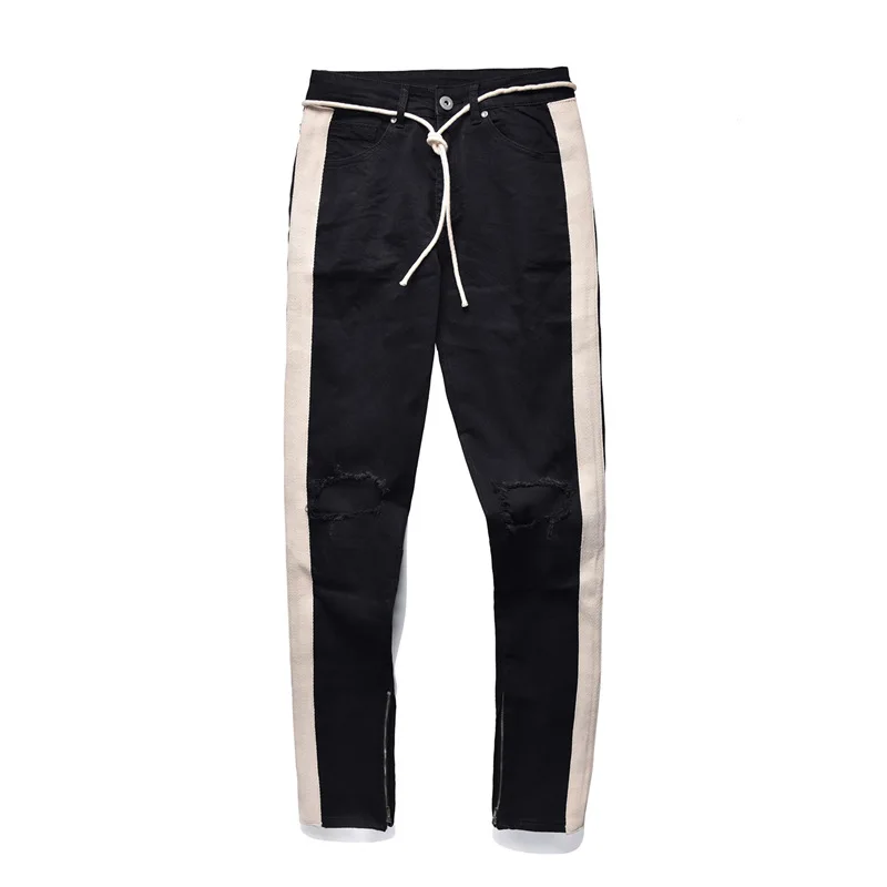 

Fashion Hole Ripped Men Jeans Side Striped Line Jeans Stretch Patchwork Denim Pants Hip Hop Skinny Pencil Pants For Male