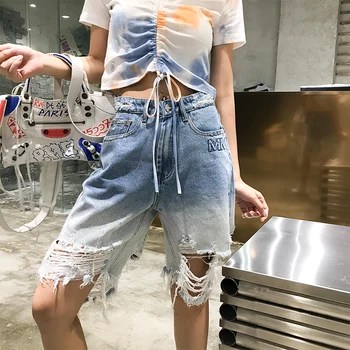 

New Summer Fashion Gradient Color Women Knee Length Pants High Waist Straight Beggar Hole Denim Pant Casual Students Short Jeans