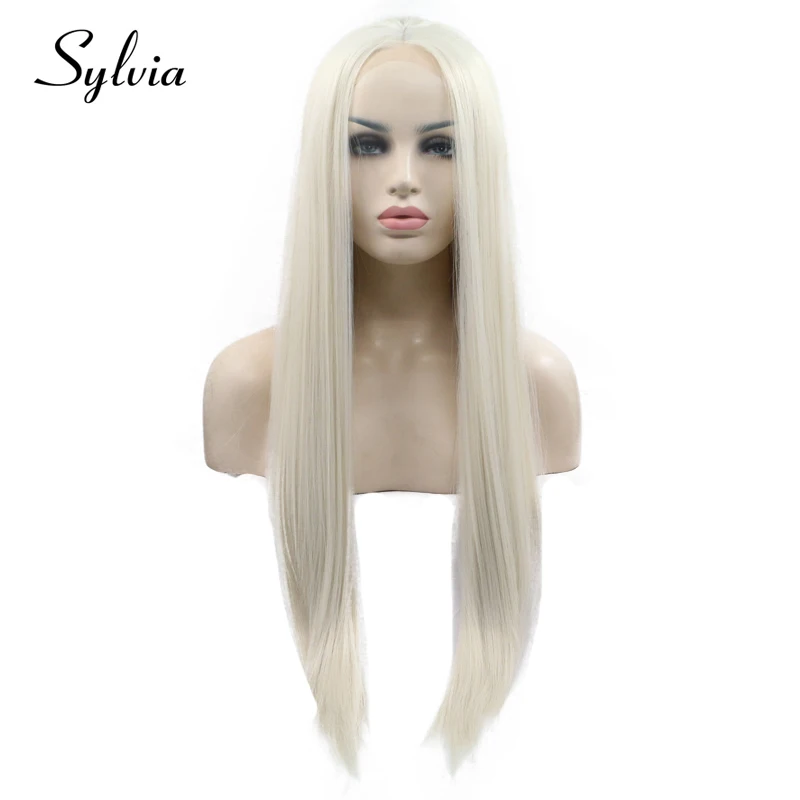 sylvia 60#color light blonde silky straight synthetic lace front wigs glueless heat resistant fiber hair with middle parting