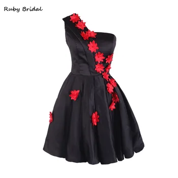 

Ruby Bridal Vestido De Festa A-line Mini Prom Dresses Black Taffeta Red Flowers Luxury One Strap Evening Short Party Gown KP51