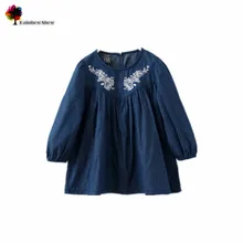 Новая детская одежда весенне-осенние хлопковые джинсовые блузки с длинными рукавами и цветочной вышивкой и круглым вырезом для девочек