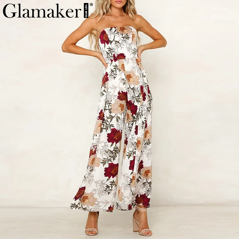 Glamaker Off shoulder floral print wide leg pant Sexy holiday backless bow split  jumpsuit romper Female spring elegant jumpsuit