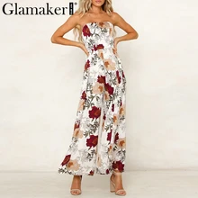 Glamaker Off shoulder floral print wide leg pant Sexy holiday backless bow split  jumpsuit romper Female spring elegant jumpsuit