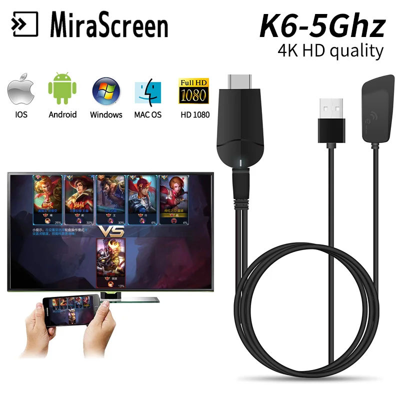  Mirascreen k6-5Ghz TV Dongle Dual Band 2.4GHz 5.8GHz 4K HD WiFi Miracast Airplay DLNA TV Stick 4K H