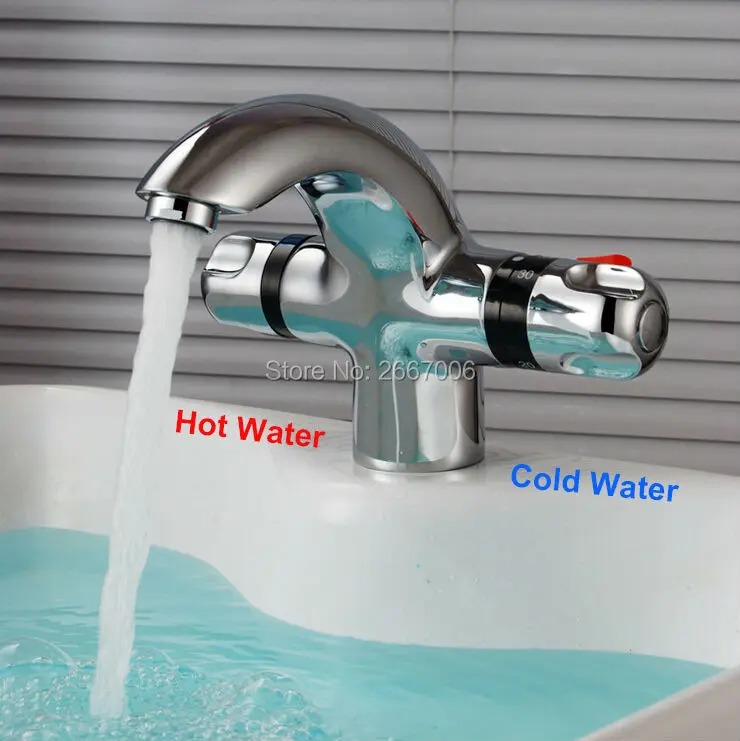 

Free Shipping New Chrome Deck Mount thermostatic mixer tap Thermostatic Basin Faucet Temprature Adjust Mixer Valve tap ZR984