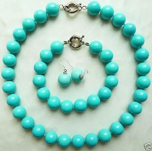 

women Fashion Jewelry Genuine 14mm stone Blue South Sea Shell Pearl Necklace Bracelet Earrings Set