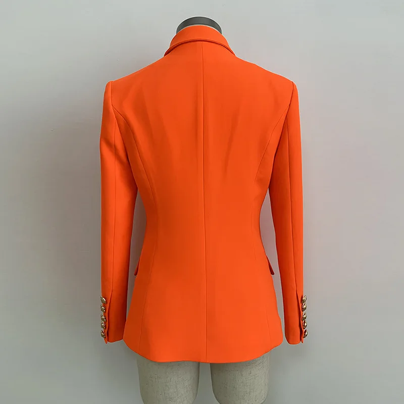 High quality Newest 2019 Designer Jacket Blazer Women's Solid Lion Buttons Double Breasted Office Lady Blazers Coat Neon Orange