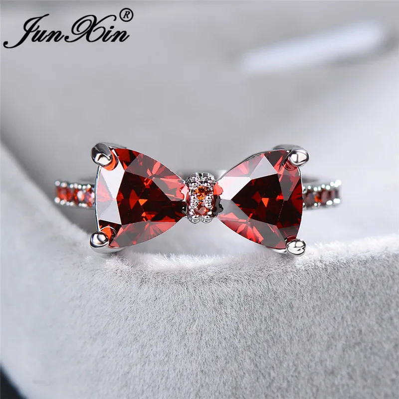JUNXIN Female Crystal Bowknot Ring Silver Color Cute Minimalist Dainty Wedding Thin Rings For Women Red Blue Zircon Ring