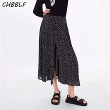 CHBBLF Женщины chic в горошек юбка миди с принтом faldas mujer с бантом на талии милые женские повседневные Модные до середины икры юбки A9217