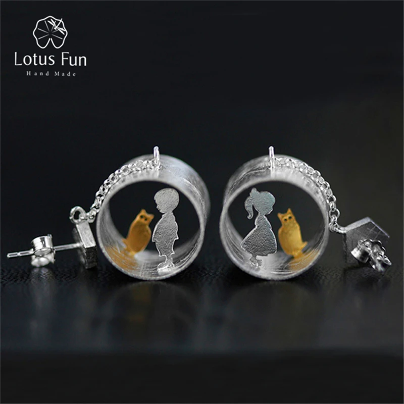 

Lotus Fun Real 925 Sterling Silver Natural Creative Handmade Fine Jewelry Meeting Love With Cat Drop Earrings for Women Brincos